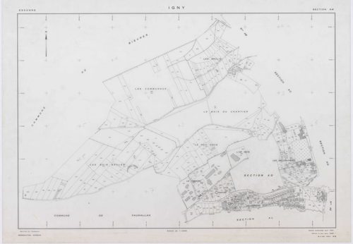 IGNY, plans minutes de conservation : tableau d'assemblage,1962, Ech. 1/5000 ; plans des sections AB, AC, AD, AE, AH, AI, AK, AL, 1962, Ech. 1/1000, section AM, 1962, Ech. 1/2000, sections AN, 1985, Ech. 1/1000, section AO, 2002, Ech. 1/500. Polyester. N 