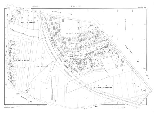 IGNY.- Cadastre renouvelé pour 1962 : plan du tableau d'assemblage, plans de la section AB, section AC, section AD, section AE, section AH, section AI, section AK, section AL, section AM ; cadastre renouvelé pour 1962 mis à jour pour 1976 : plans de la se