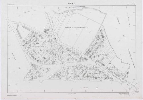 IGNY, plans minutes de conservation : tableau d'assemblage,1962, Ech. 1/5000 ; plans des sections AB, AC, AD, AE, AH, AI, AK, AL, 1962, Ech. 1/1000, section AM, 1962, Ech. 1/2000, sections AN, 1985, Ech. 1/1000, section AO, 2002, Ech. 1/500. Polyester. N 