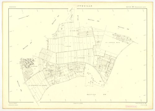 Plans minutes de conservation : ITTEVILLE : tableau d'assemblage, ech. 1/10000 (1968), sections AB, AH, AK, AL, ZA, ZB, ZC, ZD, ZE, ZH, ech. 1/2000 (1968), sections AC, AD, AE, AI, AM, AN, AO, AP, ech. 1/1000 (1968), NB, papier, 105x80 [19 plans]. 