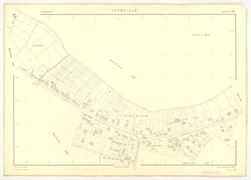 Plans minutes de conservation : ITTEVILLE : tableau d'assemblage, ech. 1/10000 (1968), sections AB, AH, AK, AL, ZA, ZB, ZC, ZD, ZE, ZH, ech. 1/2000 (1968), sections AC, AD, AE, AI, AM, AN, AO, AP, ech. 1/1000 (1968), NB, papier, 105x80 [19 plans]. 