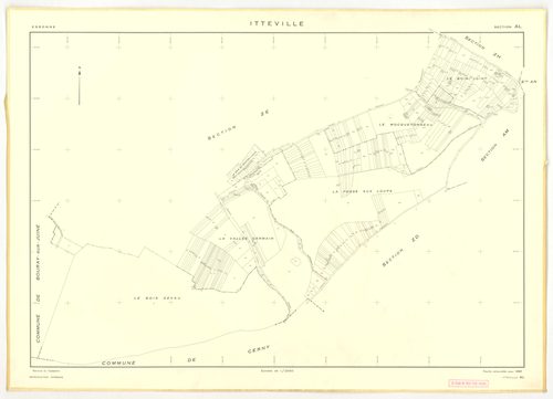Plans minutes de conservation : ITTEVILLE : tableau d'assemblage, ech. 1/10000 (1968), sections AB, AH, AK, AL, ZA, ZB, ZC, ZD, ZE, ZH, ech. 1/2000 (1968), sections AC, AD, AE, AI, AM, AN, AO, AP, ech. 1/1000 (1968), NB, papier, 105x80 [19 plans]. 
