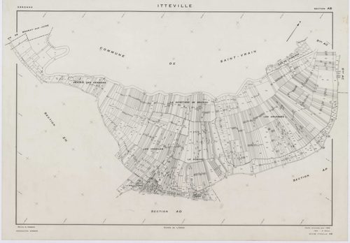 ITTEVILLE, plans minutes de conservation : tableau d'assemblage, 1968, Ech. 1/10000 ; plans des sections AB, AH, AK, AL, ZA, ZB, ZC, ZD, ZE, ZH, 1968, Ech. 1/2000, sections AC, AD, AE, AI, AM, AN, AO, AP, 1968, Ech. 1/1000. Polyester. N et B. Dim. 105 x 8