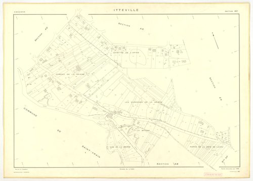 Plans minutes de conservation : ITTEVILLE : tableau d'assemblage, ech. 1/10000 (1968), sections AB, AH, AK, AL, ZA, ZB, ZC, ZD, ZE, ZH, ech. 1/2000 (1968), sections AC, AD, AE, AI, AM, AN, AO, AP, ech. 1/1000 (1968), NB, papier, 105x80 [19 plans]. 