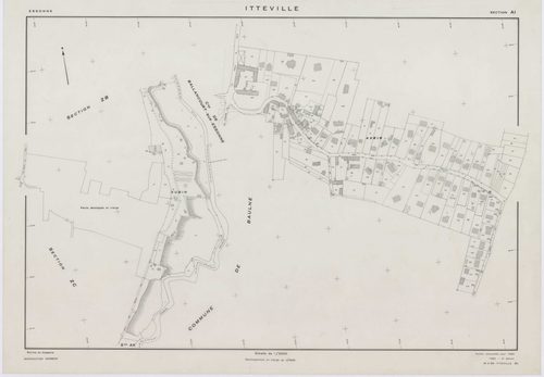 ITTEVILLE, plans minutes de conservation : tableau d'assemblage, 1968, Ech. 1/10000 ; plans des sections AB, AH, AK, AL, ZA, ZB, ZC, ZD, ZE, ZH, 1968, Ech. 1/2000, sections AC, AD, AE, AI, AM, AN, AO, AP, 1968, Ech. 1/1000. Polyester. N et B. Dim. 105 x 8
