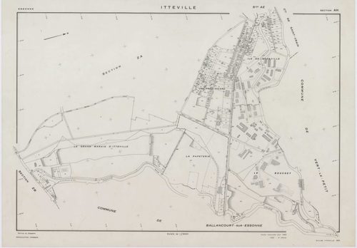 ITTEVILLE, plans minutes de conservation : tableau d'assemblage, 1968, Ech. 1/10000 ; plans des sections AB, AH, AK, AL, ZA, ZB, ZC, ZD, ZE, ZH, 1968, Ech. 1/2000, sections AC, AD, AE, AI, AM, AN, AO, AP, 1968, Ech. 1/1000. Polyester. N et B. Dim. 105 x 8