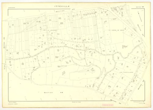 Plans minutes de conservation : ITTEVILLE : tableau d'assemblage, ech. 1/10000 (1968), sections AB, AH, AK, AL, ZA, ZB, ZC, ZD, ZE, ZH, ech. 1/2000 (1968), sections AC, AD, AE, AI, AM, AN, AO, AP, ech. 1/1000 (1968), NB, papier, 105x80 [19 plans]. 
