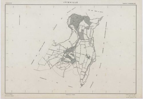 ITTEVILLE, plans minutes de conservation : tableau d'assemblage, 1968, Ech. 1/10000 ; plans des sections AB, AH, AK, AL, ZA, ZB, ZC, ZD, ZE, ZH, 1968, Ech. 1/2000, sections AC, AD, AE, AI, AM, AN, AO, AP, 1968, Ech. 1/1000. Polyester. N et B. Dim. 105 x 8