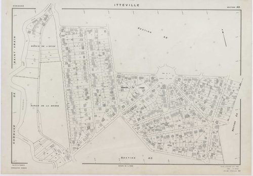 ITTEVILLE, plans minutes de conservation : tableau d'assemblage, 1968, Ech. 1/10000 ; plans des sections AB, AH, AK, AL, ZA, ZB, ZC, ZD, ZE, ZH, 1968, Ech. 1/2000, sections AC, AD, AE, AI, AM, AN, AO, AP, 1968, Ech. 1/1000. Polyester. N et B. Dim. 105 x 8
