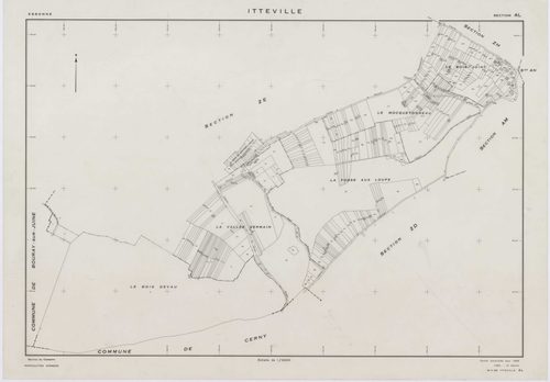 ITTEVILLE, plans minutes de conservation : tableau d'assemblage, 1968, Ech. 1/10000 ; plans des sections AB, AH, AK, AL, ZA, ZB, ZC, ZD, ZE, ZH, 1968, Ech. 1/2000, sections AC, AD, AE, AI, AM, AN, AO, AP, 1968, Ech. 1/1000. Polyester. N et B. Dim. 105 x 8