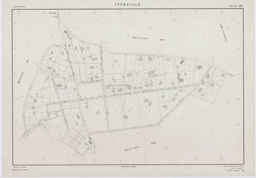 ITTEVILLE, plans minutes de conservation : tableau d'assemblage, 1968, Ech. 1/10000 ; plans des sections AB, AH, AK, AL, ZA, ZB, ZC, ZD, ZE, ZH, 1968, Ech. 1/2000, sections AC, AD, AE, AI, AM, AN, AO, AP, 1968, Ech. 1/1000. Polyester. N et B. Dim. 105 x 8