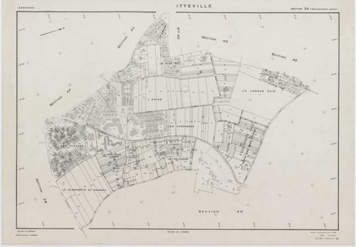 ITTEVILLE, plans minutes de conservation : tableau d'assemblage, 1968, Ech. 1/10000 ; plans des sections AB, AH, AK, AL, ZA, ZB, ZC, ZD, ZE, ZH, 1968, Ech. 1/2000, sections AC, AD, AE, AI, AM, AN, AO, AP, 1968, Ech. 1/1000. Polyester. N et B. Dim. 105 x 8