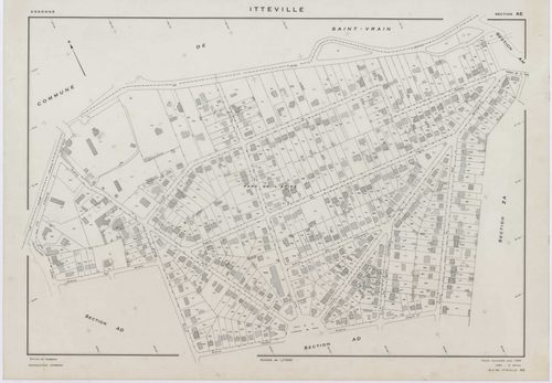 ITTEVILLE, plans minutes de conservation : tableau d'assemblage, 1968, Ech. 1/10000 ; plans des sections AB, AH, AK, AL, ZA, ZB, ZC, ZD, ZE, ZH, 1968, Ech. 1/2000, sections AC, AD, AE, AI, AM, AN, AO, AP, 1968, Ech. 1/1000. Polyester. N et B. Dim. 105 x 8