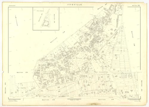 Plans minutes de conservation : ITTEVILLE : tableau d'assemblage, ech. 1/10000 (1968), sections AB, AH, AK, AL, ZA, ZB, ZC, ZD, ZE, ZH, ech. 1/2000 (1968), sections AC, AD, AE, AI, AM, AN, AO, AP, ech. 1/1000 (1968), NB, papier, 105x80 [19 plans]. 
