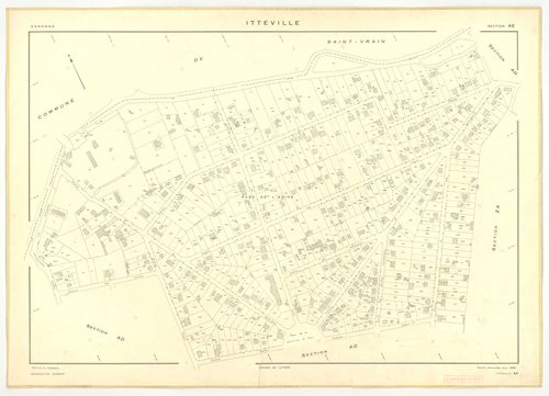 Plans minutes de conservation : ITTEVILLE : tableau d'assemblage, ech. 1/10000 (1968), sections AB, AH, AK, AL, ZA, ZB, ZC, ZD, ZE, ZH, ech. 1/2000 (1968), sections AC, AD, AE, AI, AM, AN, AO, AP, ech. 1/1000 (1968), NB, papier, 105x80 [19 plans]. 