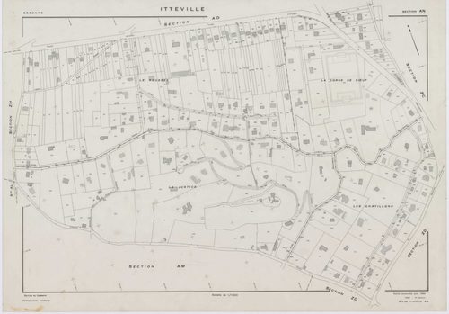 ITTEVILLE, plans minutes de conservation : tableau d'assemblage, 1968, Ech. 1/10000 ; plans des sections AB, AH, AK, AL, ZA, ZB, ZC, ZD, ZE, ZH, 1968, Ech. 1/2000, sections AC, AD, AE, AI, AM, AN, AO, AP, 1968, Ech. 1/1000. Polyester. N et B. Dim. 105 x 8