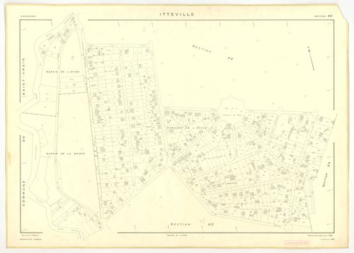 Plans minutes de conservation : ITTEVILLE : tableau d'assemblage, ech. 1/10000 (1968), sections AB, AH, AK, AL, ZA, ZB, ZC, ZD, ZE, ZH, ech. 1/2000 (1968), sections AC, AD, AE, AI, AM, AN, AO, AP, ech. 1/1000 (1968), NB, papier, 105x80 [19 plans]. 