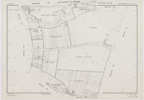 ITTEVILLE, plans minutes de conservation : tableau d'assemblage, 1968, Ech. 1/10000 ; plans des sections AB, AH, AK, AL, ZA, ZB, ZC, ZD, ZE, ZH, 1968, Ech. 1/2000, sections AC, AD, AE, AI, AM, AN, AO, AP, 1968, Ech. 1/1000. Polyester. N et B. Dim. 105 x 8