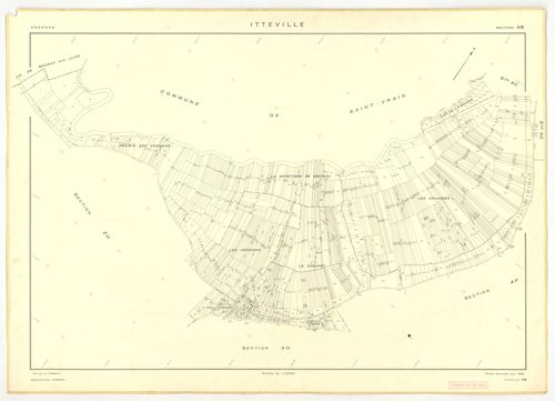Plans minutes de conservation : ITTEVILLE : tableau d'assemblage, ech. 1/10000 (1968), sections AB, AH, AK, AL, ZA, ZB, ZC, ZD, ZE, ZH, ech. 1/2000 (1968), sections AC, AD, AE, AI, AM, AN, AO, AP, ech. 1/1000 (1968), NB, papier, 105x80 [19 plans]. 