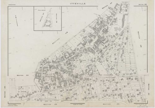 ITTEVILLE, plans minutes de conservation : tableau d'assemblage, 1968, Ech. 1/10000 ; plans des sections AB, AH, AK, AL, ZA, ZB, ZC, ZD, ZE, ZH, 1968, Ech. 1/2000, sections AC, AD, AE, AI, AM, AN, AO, AP, 1968, Ech. 1/1000. Polyester. N et B. Dim. 105 x 8