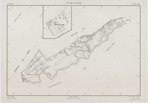 ITTEVILLE, plans minutes de conservation : tableau d'assemblage, 1968, Ech. 1/10000 ; plans des sections AB, AH, AK, AL, ZA, ZB, ZC, ZD, ZE, ZH, 1968, Ech. 1/2000, sections AC, AD, AE, AI, AM, AN, AO, AP, 1968, Ech. 1/1000. Polyester. N et B. Dim. 105 x 8