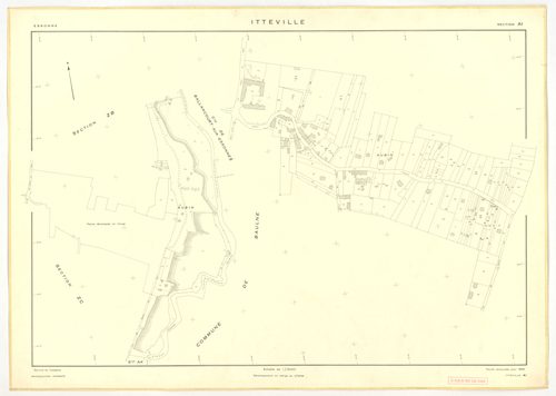 Plans minutes de conservation : ITTEVILLE : tableau d'assemblage, ech. 1/10000 (1968), sections AB, AH, AK, AL, ZA, ZB, ZC, ZD, ZE, ZH, ech. 1/2000 (1968), sections AC, AD, AE, AI, AM, AN, AO, AP, ech. 1/1000 (1968), NB, papier, 105x80 [19 plans]. 