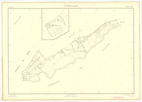 Plans minutes de conservation : ITTEVILLE : tableau d'assemblage, ech. 1/10000 (1968), sections AB, AH, AK, AL, ZA, ZB, ZC, ZD, ZE, ZH, ech. 1/2000 (1968), sections AC, AD, AE, AI, AM, AN, AO, AP, ech. 1/1000 (1968), NB, papier, 105x80 [19 plans]. 