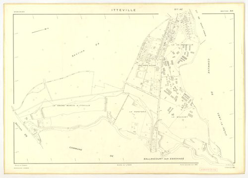 Plans minutes de conservation : ITTEVILLE : tableau d'assemblage, ech. 1/10000 (1968), sections AB, AH, AK, AL, ZA, ZB, ZC, ZD, ZE, ZH, ech. 1/2000 (1968), sections AC, AD, AE, AI, AM, AN, AO, AP, ech. 1/1000 (1968), NB, papier, 105x80 [19 plans]. 