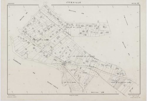 ITTEVILLE, plans minutes de conservation : tableau d'assemblage, 1968, Ech. 1/10000 ; plans des sections AB, AH, AK, AL, ZA, ZB, ZC, ZD, ZE, ZH, 1968, Ech. 1/2000, sections AC, AD, AE, AI, AM, AN, AO, AP, 1968, Ech. 1/1000. Polyester. N et B. Dim. 105 x 8