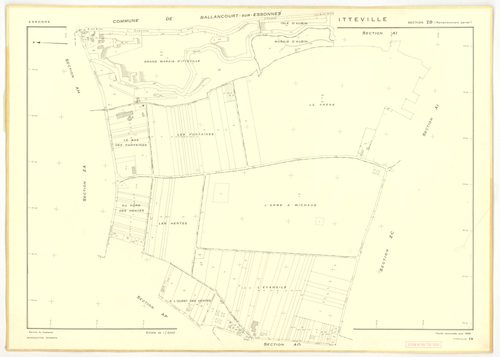 Plans minutes de conservation : ITTEVILLE : tableau d'assemblage, ech. 1/10000 (1968), sections AB, AH, AK, AL, ZA, ZB, ZC, ZD, ZE, ZH, ech. 1/2000 (1968), sections AC, AD, AE, AI, AM, AN, AO, AP, ech. 1/1000 (1968), NB, papier, 105x80 [19 plans]. 