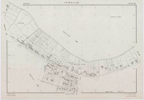 ITTEVILLE, plans minutes de conservation : tableau d'assemblage, 1968, Ech. 1/10000 ; plans des sections AB, AH, AK, AL, ZA, ZB, ZC, ZD, ZE, ZH, 1968, Ech. 1/2000, sections AC, AD, AE, AI, AM, AN, AO, AP, 1968, Ech. 1/1000. Polyester. N et B. Dim. 105 x 8