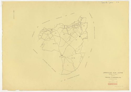 Plans minutes de conservation : JANVILLE-SUR-JUINE : tableau d'assemblage, ech. 1/10000 (1960) ; sections B1, B2, B3, C, ech. 1/2500, sections AC, AD, AI, ech. 1/1000, sections AB, AE, AH, AK, ZA, ZB, ZC, ZD, ech. 1/2000 (1960) ; section AB, ech. 1/2000 (