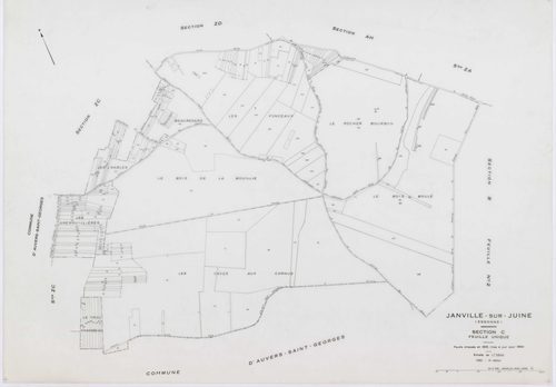 JANVILLE-SUR-JUINE, plans minutes de conservation : tableau d'assemblage, 1960, Ech. 1/10000 ; plans des sections B1, AC, AD, AI, 1960, Ech. 1/1000, sections B2, B3, C, 1960, Ech. 1/2500, sections AB, AE, AH, AK, ZA, ZB, ZC, ZD, 1960, Ech. 1/2000. Polyest