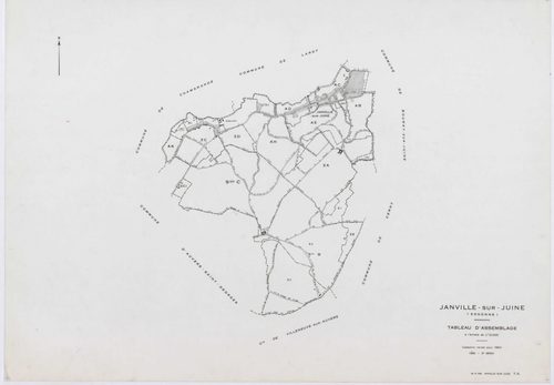 JANVILLE-SUR-JUINE, plans minutes de conservation : tableau d'assemblage, 1960, Ech. 1/10000 ; plans des sections B1, AC, AD, AI, 1960, Ech. 1/1000, sections B2, B3, C, 1960, Ech. 1/2500, sections AB, AE, AH, AK, ZA, ZB, ZC, ZD, 1960, Ech. 1/2000. Polyest