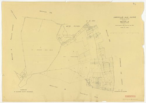 Plans minutes de conservation : JANVILLE-SUR-JUINE : tableau d'assemblage, ech. 1/10000 (1960) ; sections B1, B2, B3, C, ech. 1/2500, sections AC, AD, AI, ech. 1/1000, sections AB, AE, AH, AK, ZA, ZB, ZC, ZD, ech. 1/2000 (1960) ; section AB, ech. 1/2000 (