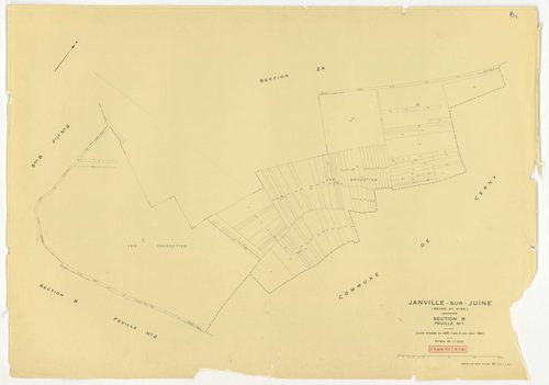 Plans minutes de conservation : JANVILLE-SUR-JUINE : tableau d'assemblage, ech. 1/10000 (1960) ; sections B1, B2, B3, C, ech. 1/2500, sections AC, AD, AI, ech. 1/1000, sections AB, AE, AH, AK, ZA, ZB, ZC, ZD, ech. 1/2000 (1960) ; section AB, ech. 1/2000 (