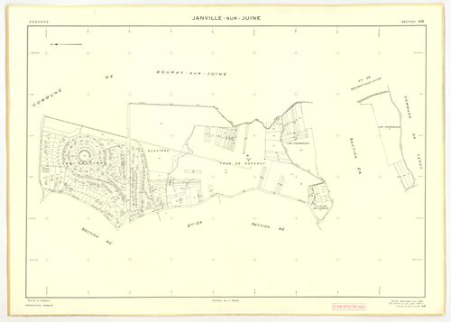 Plans minutes de conservation : JANVILLE-SUR-JUINE : tableau d'assemblage, ech. 1/10000 (1960) ; sections B1, B2, B3, C, ech. 1/2500, sections AC, AD, AI, ech. 1/1000, sections AB, AE, AH, AK, ZA, ZB, ZC, ZD, ech. 1/2000 (1960) ; section AB, ech. 1/2000 (