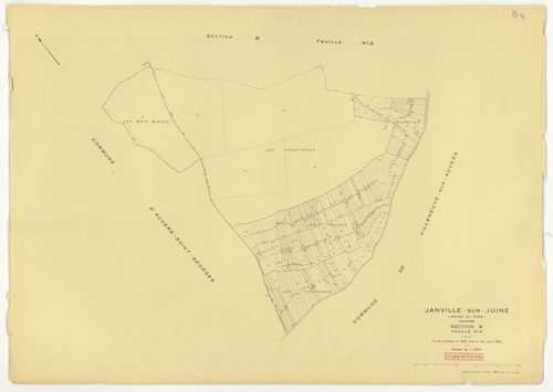 Plans minutes de conservation : JANVILLE-SUR-JUINE : tableau d'assemblage, ech. 1/10000 (1960) ; sections B1, B2, B3, C, ech. 1/2500, sections AC, AD, AI, ech. 1/1000, sections AB, AE, AH, AK, ZA, ZB, ZC, ZD, ech. 1/2000 (1960) ; section AB, ech. 1/2000 (