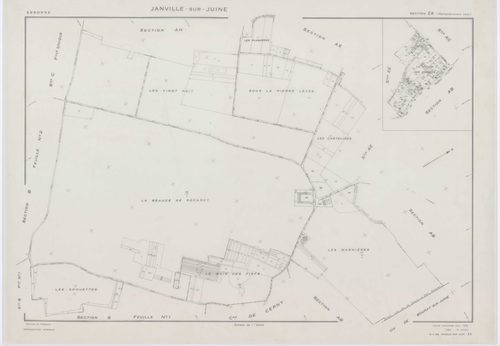 JANVILLE-SUR-JUINE, plans minutes de conservation : tableau d'assemblage, 1960, Ech. 1/10000 ; plans des sections B1, AC, AD, AI, 1960, Ech. 1/1000, sections B2, B3, C, 1960, Ech. 1/2500, sections AB, AE, AH, AK, ZA, ZB, ZC, ZD, 1960, Ech. 1/2000. Polyest