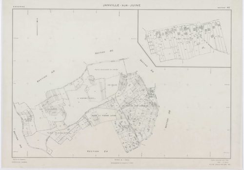 JANVILLE-SUR-JUINE, plans minutes de conservation : tableau d'assemblage, 1960, Ech. 1/10000 ; plans des sections B1, AC, AD, AI, 1960, Ech. 1/1000, sections B2, B3, C, 1960, Ech. 1/2500, sections AB, AE, AH, AK, ZA, ZB, ZC, ZD, 1960, Ech. 1/2000. Polyest