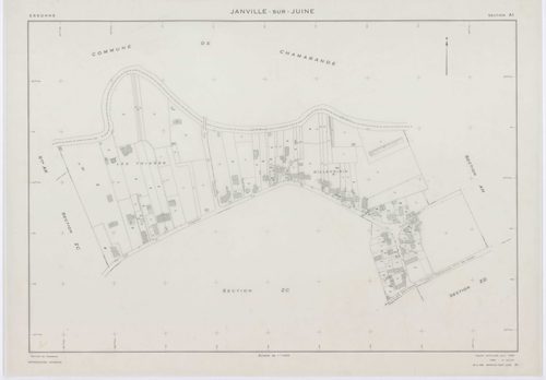 JANVILLE-SUR-JUINE, plans minutes de conservation : tableau d'assemblage, 1960, Ech. 1/10000 ; plans des sections B1, AC, AD, AI, 1960, Ech. 1/1000, sections B2, B3, C, 1960, Ech. 1/2500, sections AB, AE, AH, AK, ZA, ZB, ZC, ZD, 1960, Ech. 1/2000. Polyest