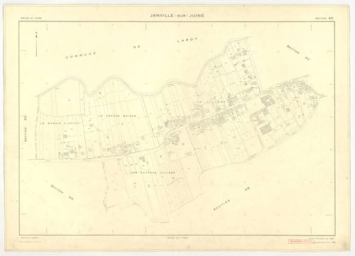 Plans minutes de conservation : JANVILLE-SUR-JUINE : tableau d'assemblage, ech. 1/10000 (1960) ; sections B1, B2, B3, C, ech. 1/2500, sections AC, AD, AI, ech. 1/1000, sections AB, AE, AH, AK, ZA, ZB, ZC, ZD, ech. 1/2000 (1960) ; section AB, ech. 1/2000 (