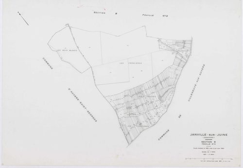 JANVILLE-SUR-JUINE, plans minutes de conservation : tableau d'assemblage, 1960, Ech. 1/10000 ; plans des sections B1, AC, AD, AI, 1960, Ech. 1/1000, sections B2, B3, C, 1960, Ech. 1/2500, sections AB, AE, AH, AK, ZA, ZB, ZC, ZD, 1960, Ech. 1/2000. Polyest