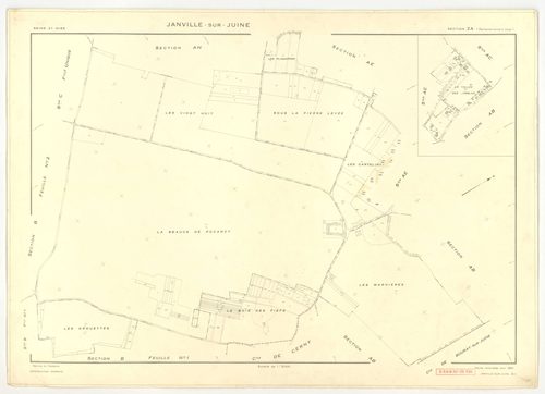 Plans minutes de conservation : JANVILLE-SUR-JUINE : tableau d'assemblage, ech. 1/10000 (1960) ; sections B1, B2, B3, C, ech. 1/2500, sections AC, AD, AI, ech. 1/1000, sections AB, AE, AH, AK, ZA, ZB, ZC, ZD, ech. 1/2000 (1960) ; section AB, ech. 1/2000 (