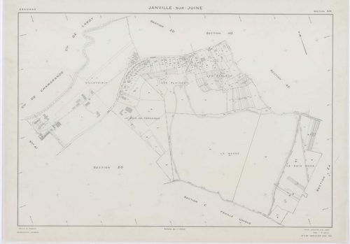 JANVILLE-SUR-JUINE, plans minutes de conservation : tableau d'assemblage, 1960, Ech. 1/10000 ; plans des sections B1, AC, AD, AI, 1960, Ech. 1/1000, sections B2, B3, C, 1960, Ech. 1/2500, sections AB, AE, AH, AK, ZA, ZB, ZC, ZD, 1960, Ech. 1/2000. Polyest
