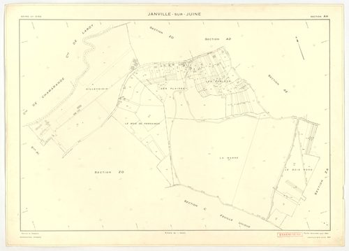 Plans minutes de conservation : JANVILLE-SUR-JUINE : tableau d'assemblage, ech. 1/10000 (1960) ; sections B1, B2, B3, C, ech. 1/2500, sections AC, AD, AI, ech. 1/1000, sections AB, AE, AH, AK, ZA, ZB, ZC, ZD, ech. 1/2000 (1960) ; section AB, ech. 1/2000 (