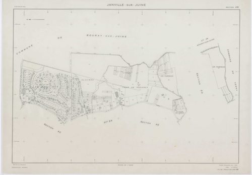 JANVILLE-SUR-JUINE, plans minutes de conservation : tableau d'assemblage, 1960, Ech. 1/10000 ; plans des sections B1, AC, AD, AI, 1960, Ech. 1/1000, sections B2, B3, C, 1960, Ech. 1/2500, sections AB, AE, AH, AK, ZA, ZB, ZC, ZD, 1960, Ech. 1/2000. Polyest
