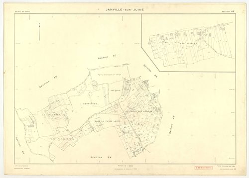 Plans minutes de conservation : JANVILLE-SUR-JUINE : tableau d'assemblage, ech. 1/10000 (1960) ; sections B1, B2, B3, C, ech. 1/2500, sections AC, AD, AI, ech. 1/1000, sections AB, AE, AH, AK, ZA, ZB, ZC, ZD, ech. 1/2000 (1960) ; section AB, ech. 1/2000 (