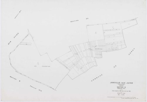 JANVILLE-SUR-JUINE, plans minutes de conservation : tableau d'assemblage, 1960, Ech. 1/10000 ; plans des sections B1, AC, AD, AI, 1960, Ech. 1/1000, sections B2, B3, C, 1960, Ech. 1/2500, sections AB, AE, AH, AK, ZA, ZB, ZC, ZD, 1960, Ech. 1/2000. Polyest