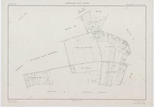 JANVILLE-SUR-JUINE, plans minutes de conservation : tableau d'assemblage, 1960, Ech. 1/10000 ; plans des sections B1, AC, AD, AI, 1960, Ech. 1/1000, sections B2, B3, C, 1960, Ech. 1/2500, sections AB, AE, AH, AK, ZA, ZB, ZC, ZD, 1960, Ech. 1/2000. Polyest